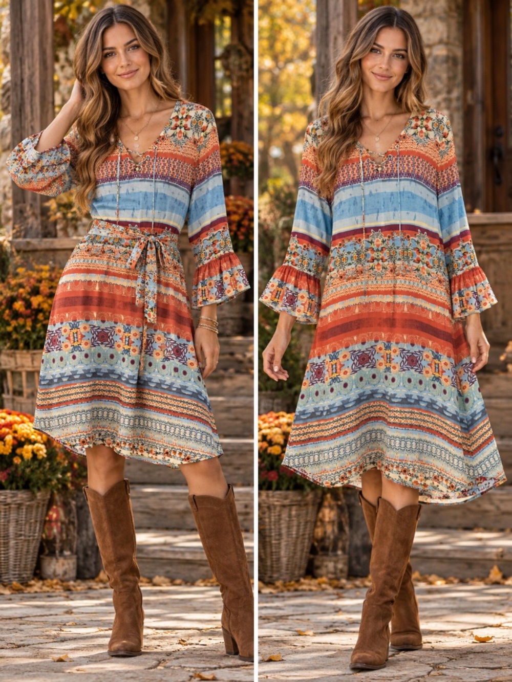 Carre Noir boho shift dress S lace tie flutter sleeve belt patchwork prairie